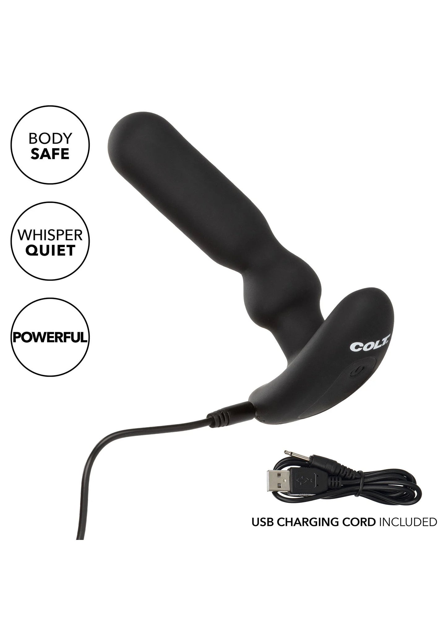 Zwarte COLT anal-T vibrator met USB-oplaadkabel; glad ontwerp en gebogen voet