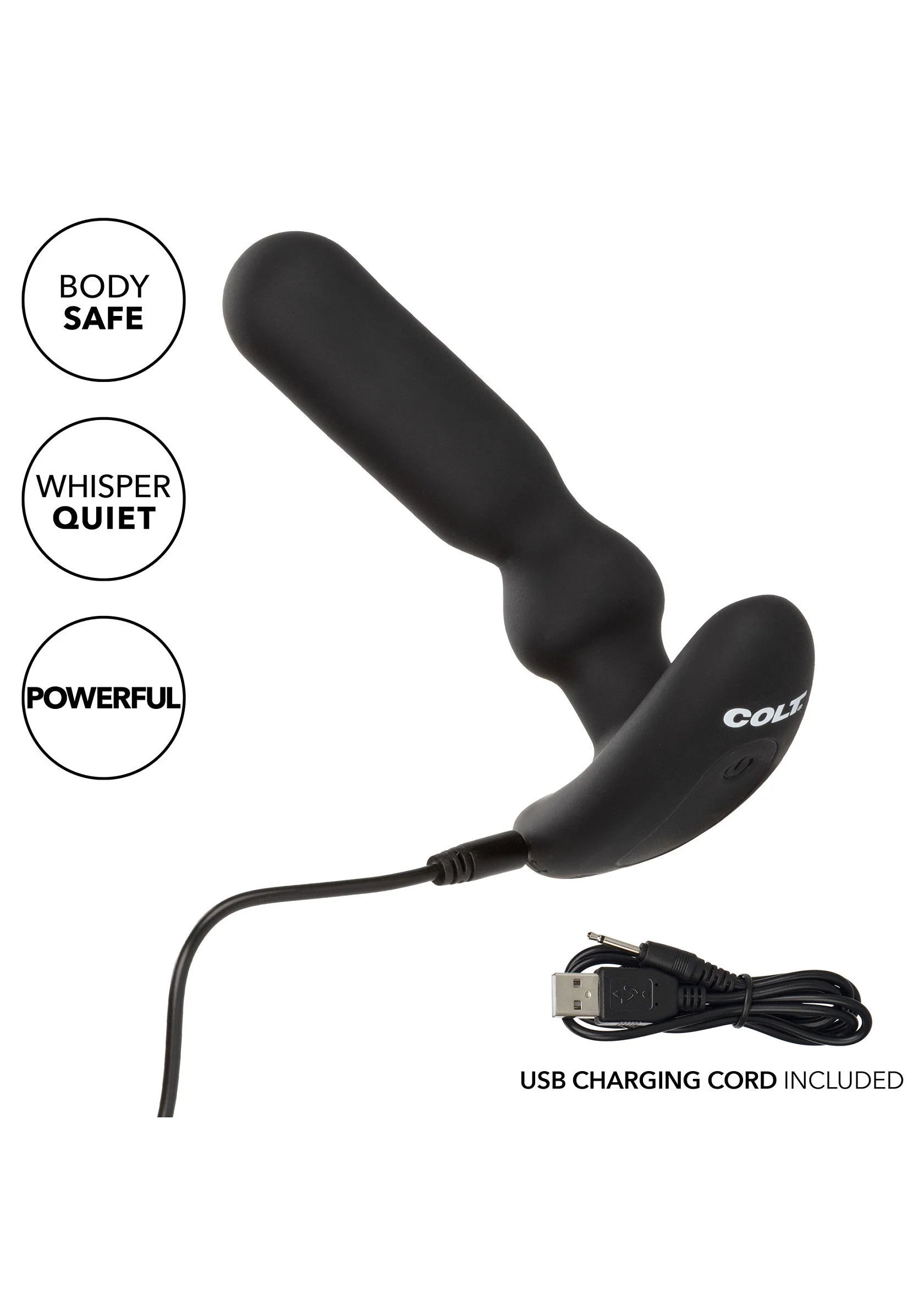 Zwarte COLT anal-T vibrator met USB-oplaadkabel; glad ontwerp en gebogen voet