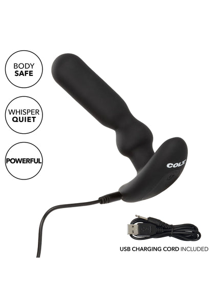 Zwarte COLT anal-T vibrator met USB-oplaadkabel; glad ontwerp en gebogen voet