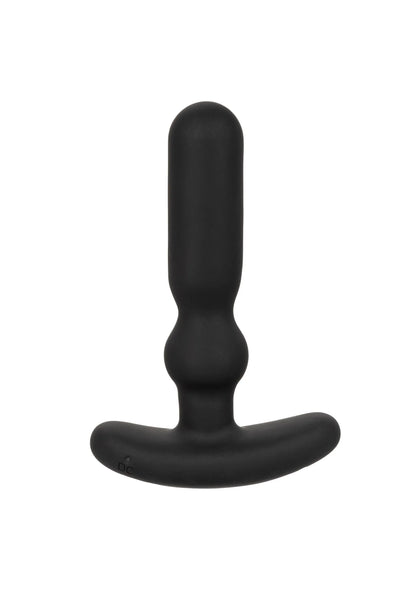 Zwarte COLT anal-T vibrator recht van voren; glad oppervlak en brede gebogen voet