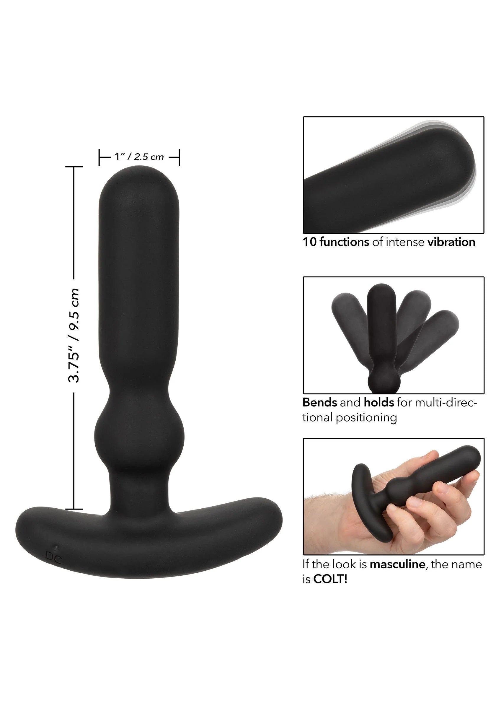 Zwarte COLT anal-T vibrator met lengte-aanduiding; gebogen voet en rechte steel