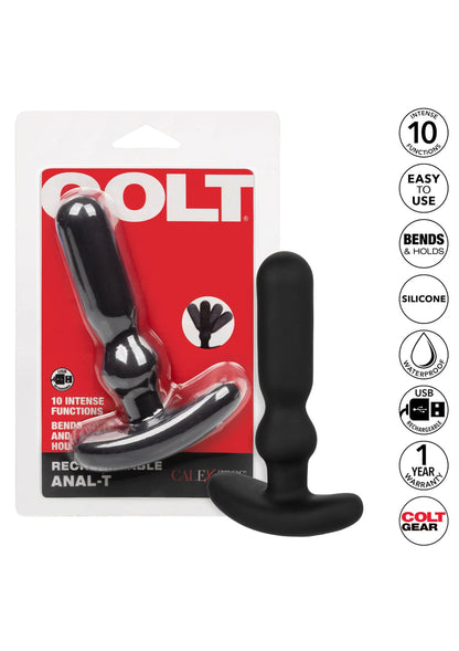 COLT anal-T vibrator in verpakking met zwarte silicone-look vibrator en kleine icoontjes