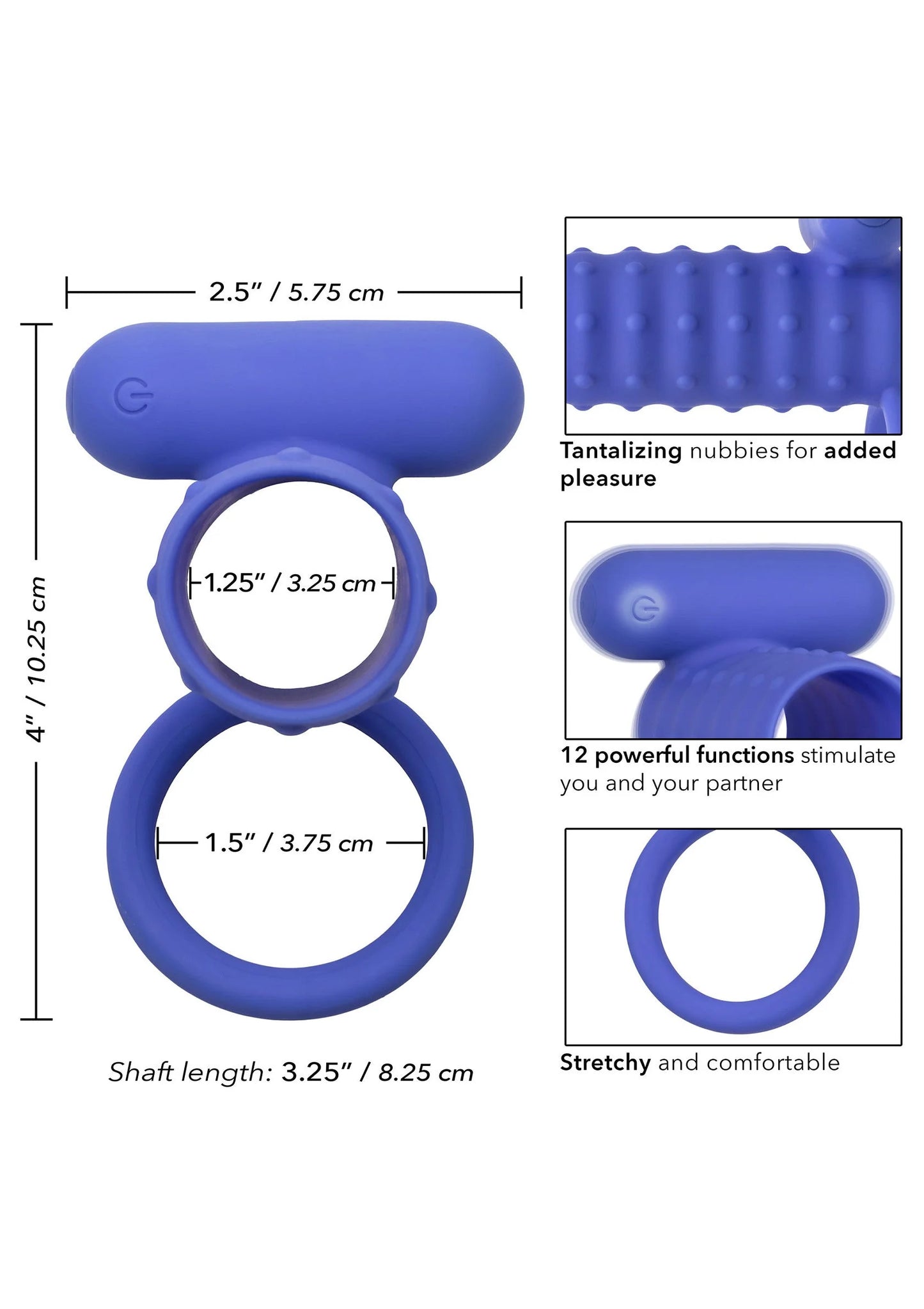 Blauwe siliconen stimulator met ring en geribbelde cilinder, met afmetingen