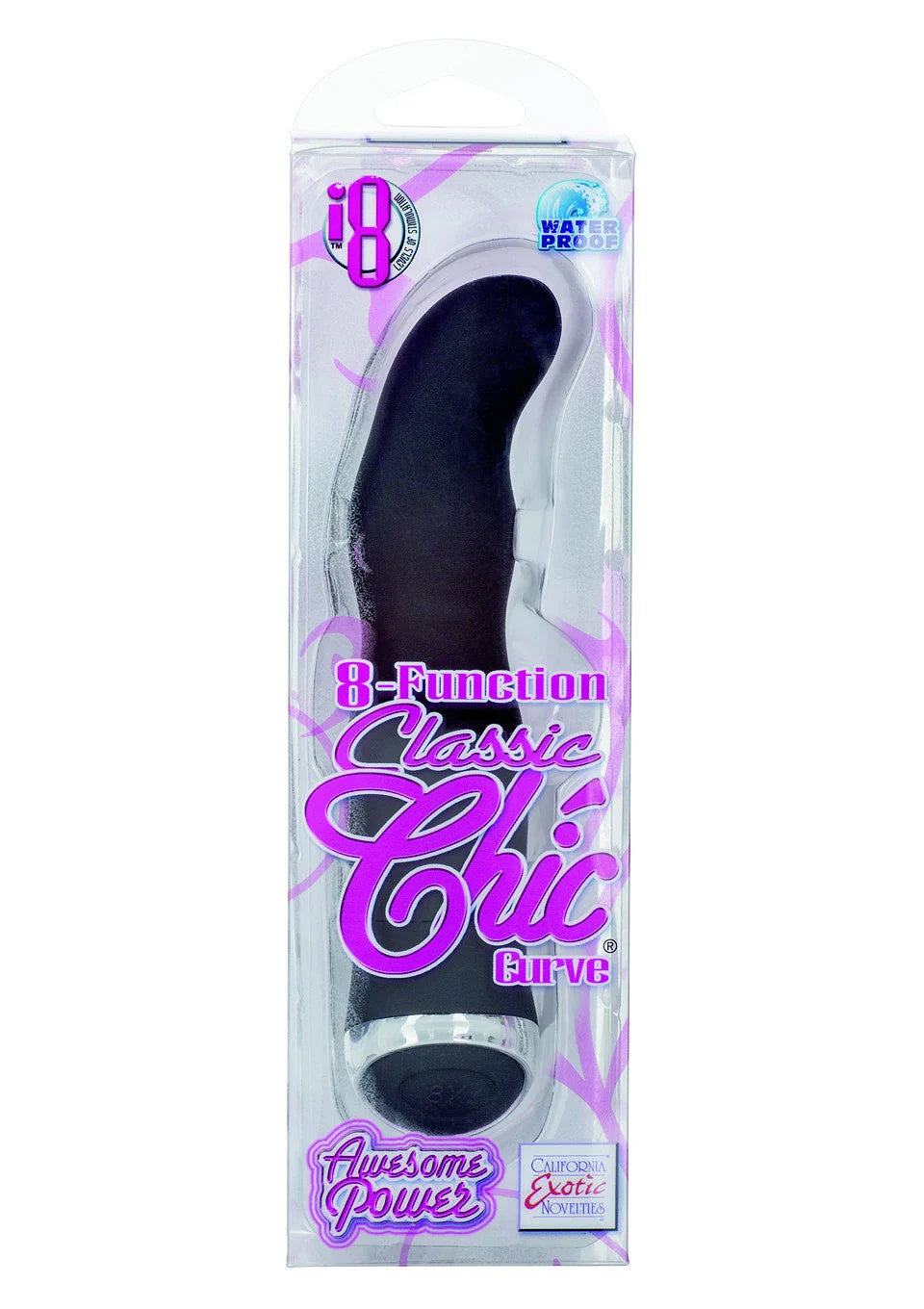 Verpakte zwarte gebogen vibrator met ronde kop en waterproof label
