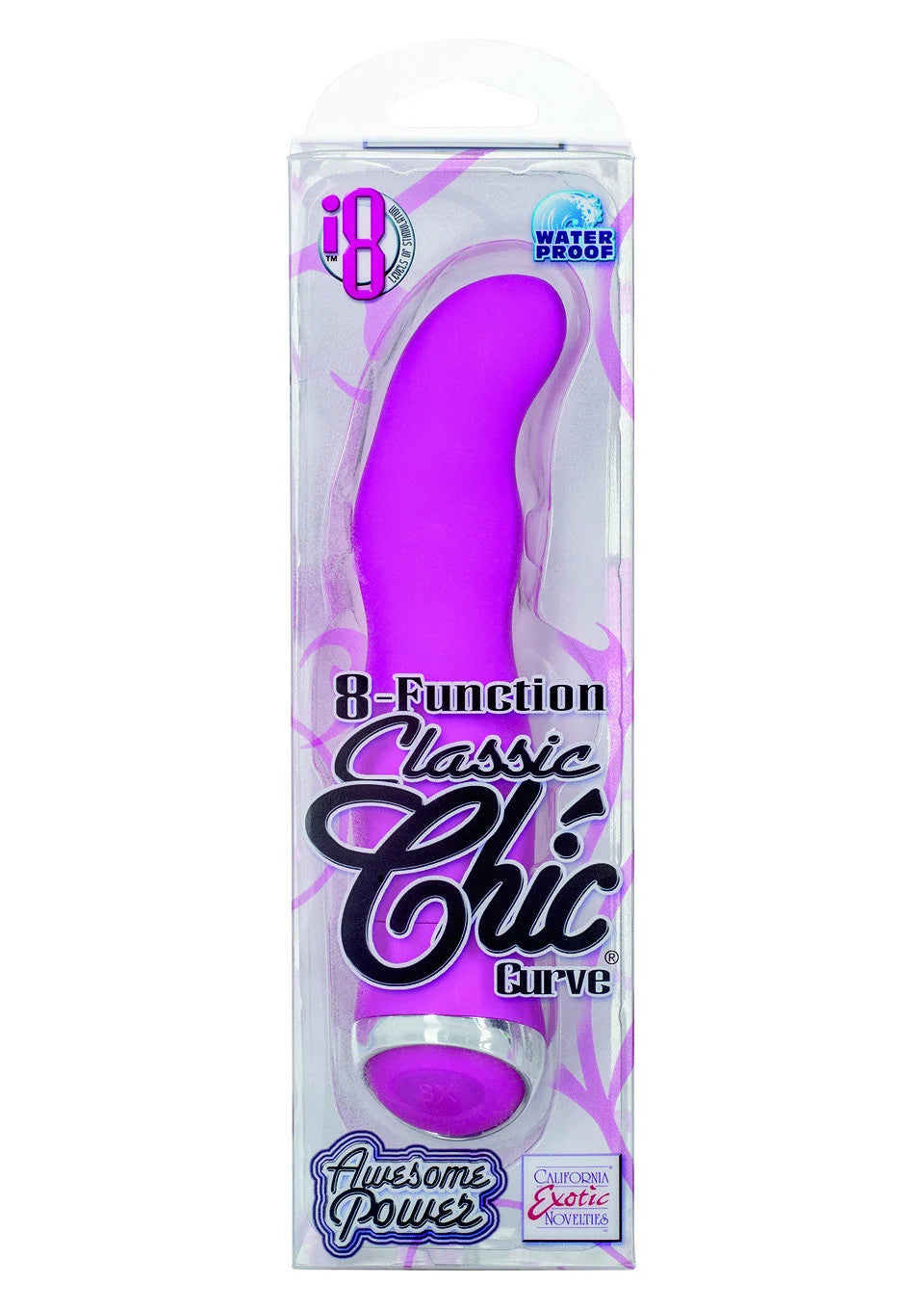 Verpakte paarse gebogen vibrator met ronde kop en waterproof label