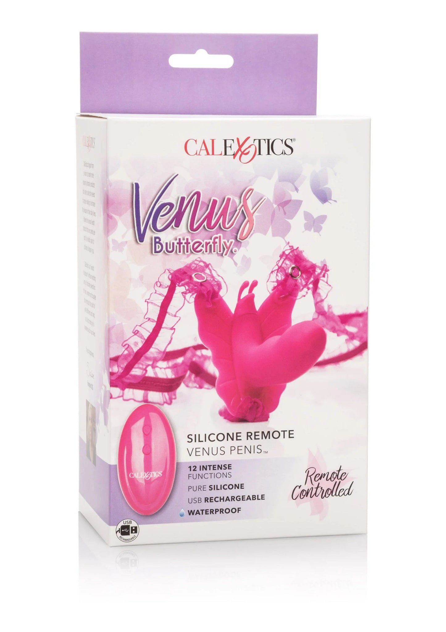 Doos van CalExotics Venus Butterfly met illustratie van roze siliconen seksspeeltje