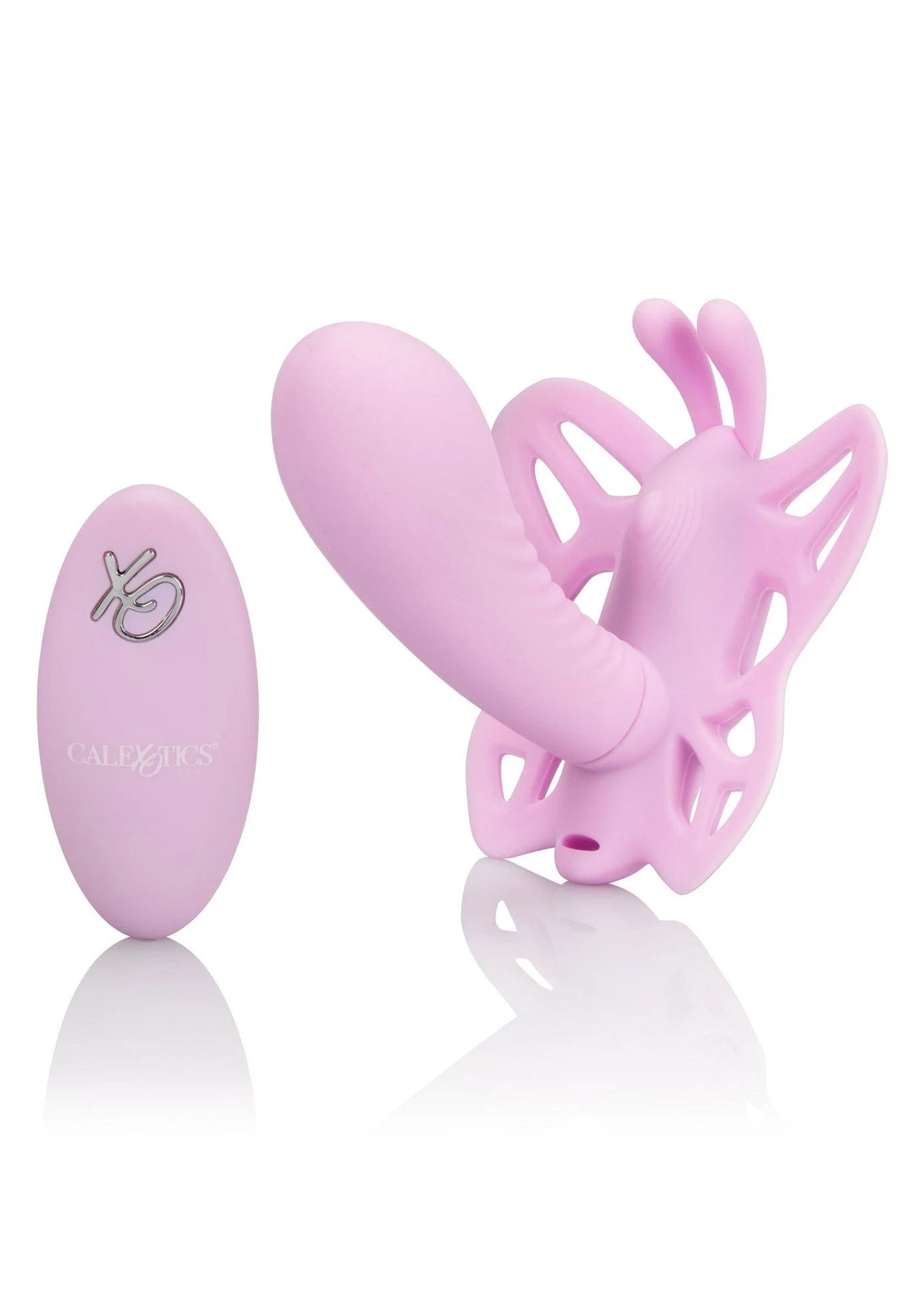 Roze siliconen butterfly-vibrator met afstandsdeel links en opengewerkte vleugels