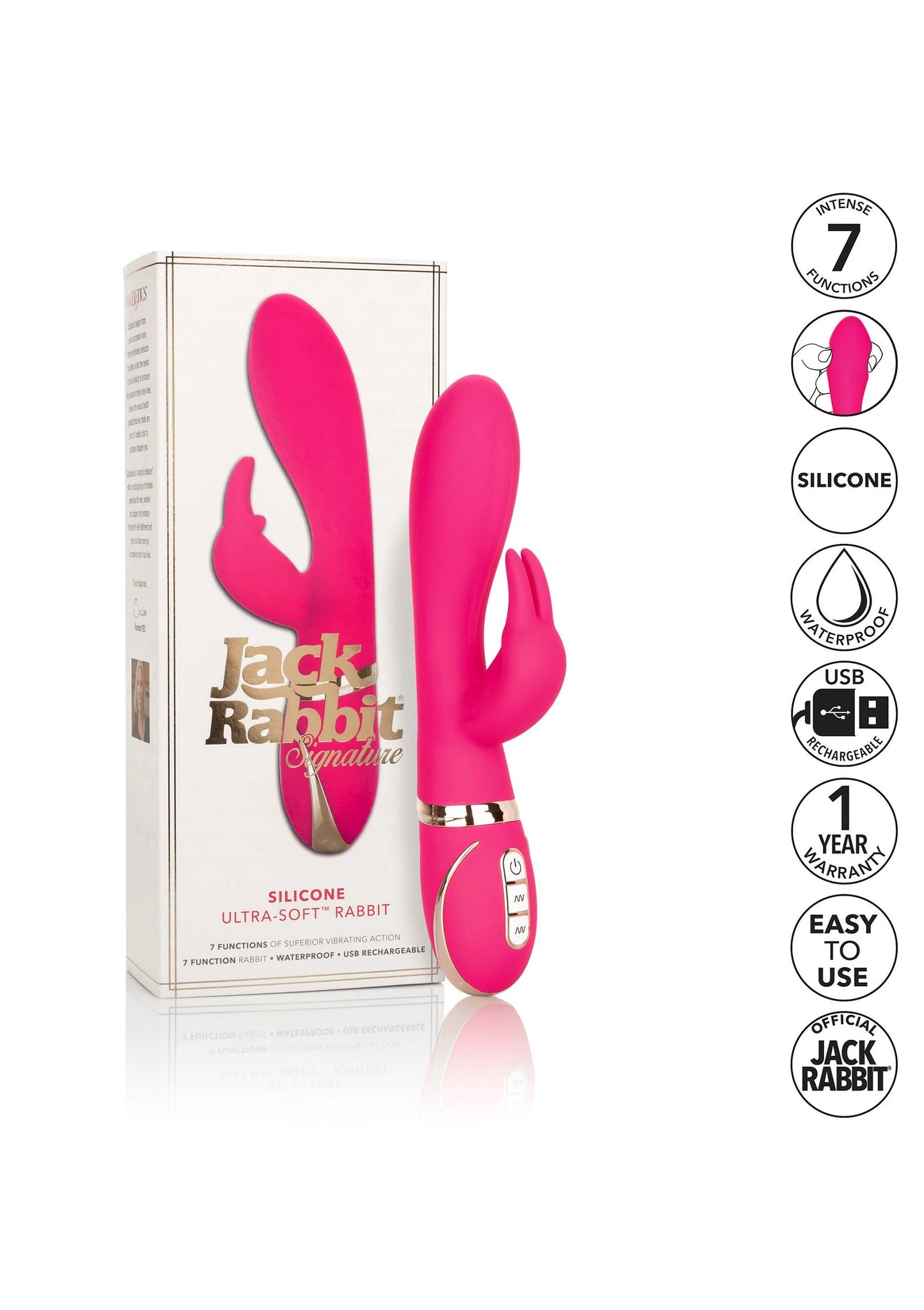 Roze siliconen rabbit-vibrator in doos, met controller aan de onderzijde