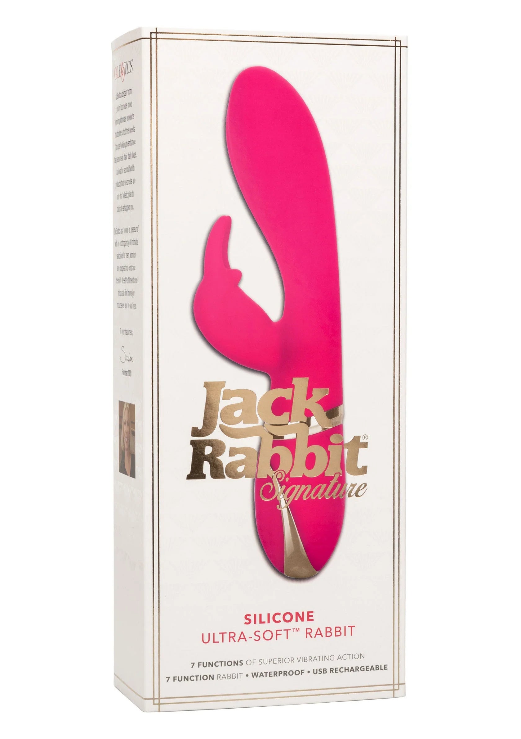 Verpakking van roze siliconen rabbit-vibrator met gebogen staartvorm