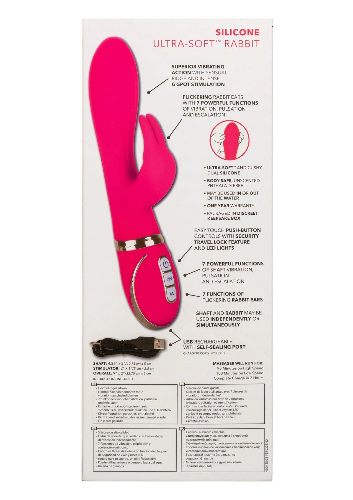 Achterzijde verpakking van roze siliconen rabbit-vibrator