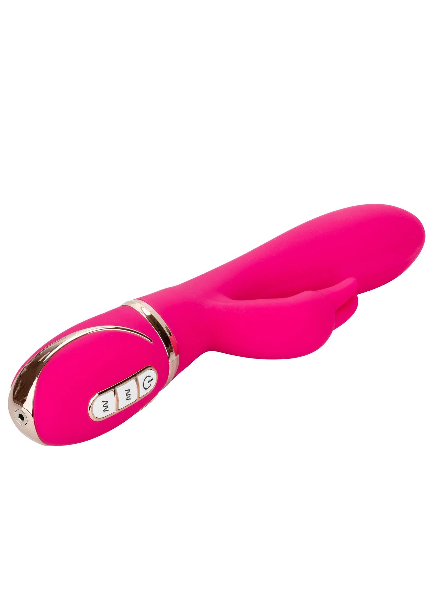 Roze rabbit-vibrator met ovale body en bedieningspaneel, lange uitstulping