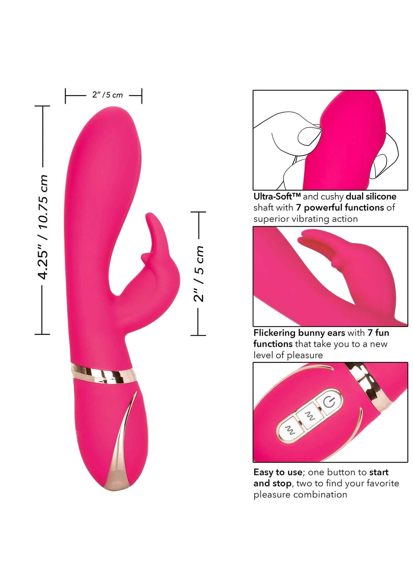 Roze rabbit-vibrator met twee uitsteeksels en bedieningspaneel, zijaanzicht