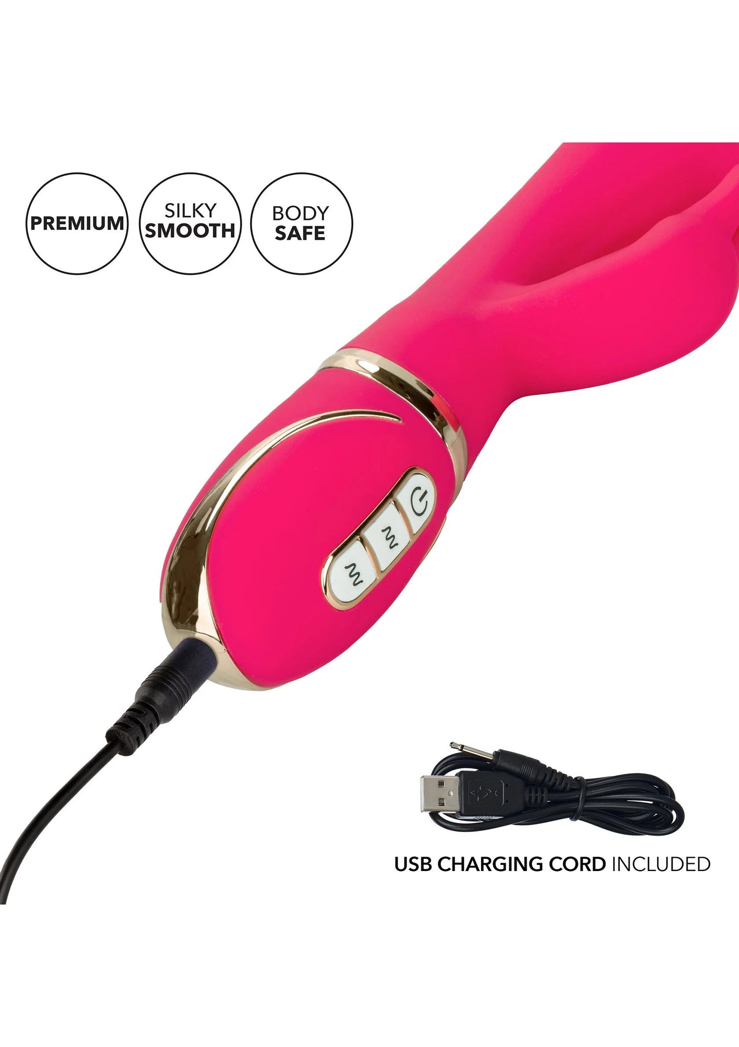 Roze siliconen rabbit-vibrator met bedieningspaneel en USB-laadkabel