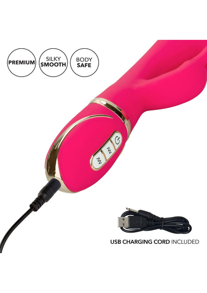 Roze siliconen rabbit-vibrator met bedieningspaneel en USB-laadkabel