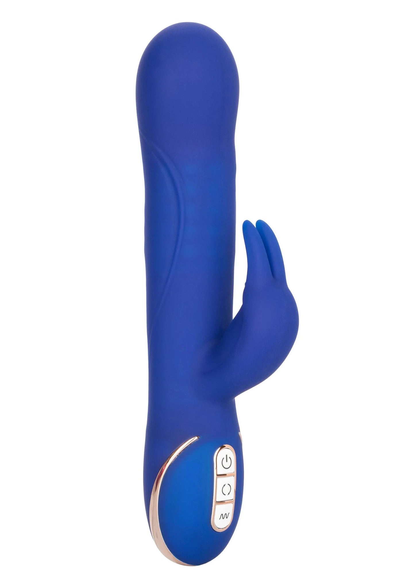 Blauwe siliconen konijnenvibrator met ronde bedieningsknoppen en glanzende metalen rand