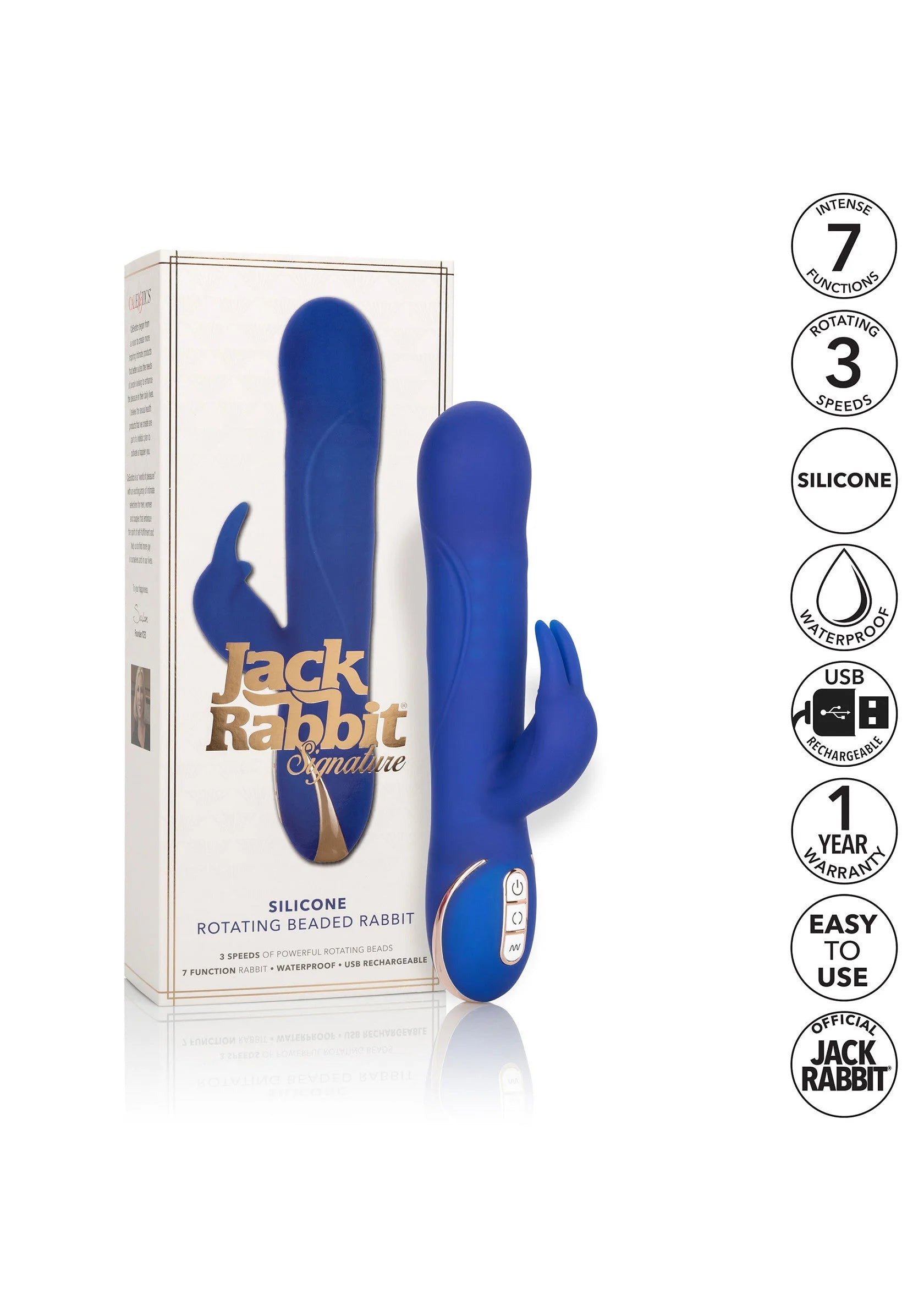 Verpakking met twee blauwe siliconen vibrators en keurmerken, inclusief USB en waterdicht