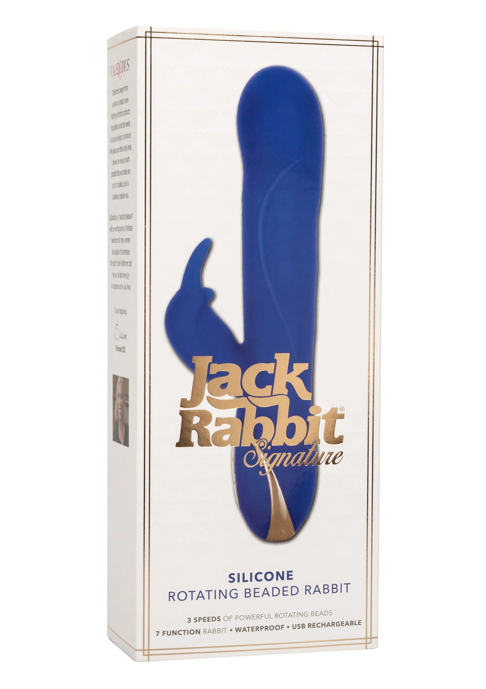 Verpakking van een blauwe siliconen konijnenvibrator met opschrift en figuur