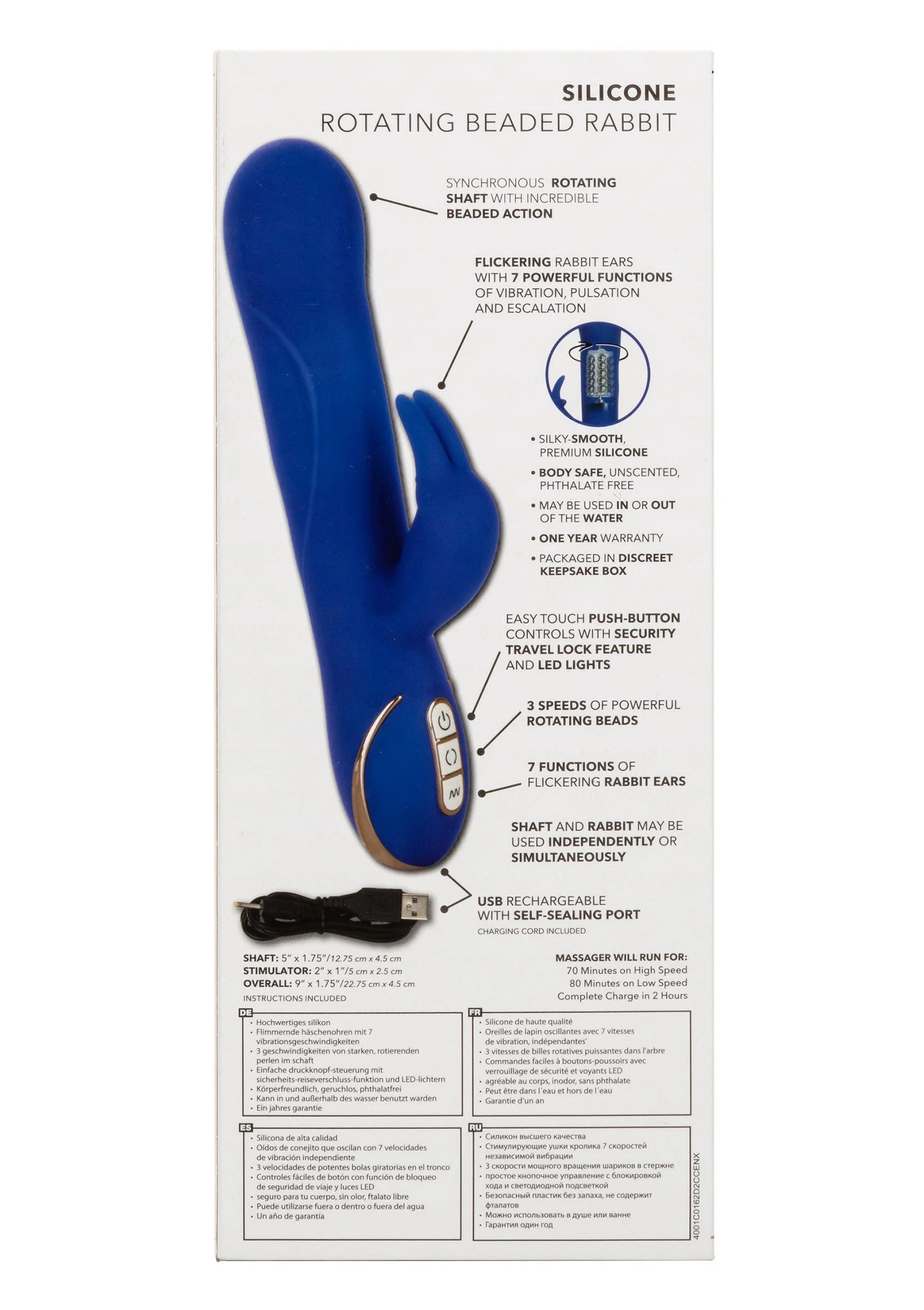 Achterkant verpakking van blauwe siliconen konijnenvibrator met specificaties en functies