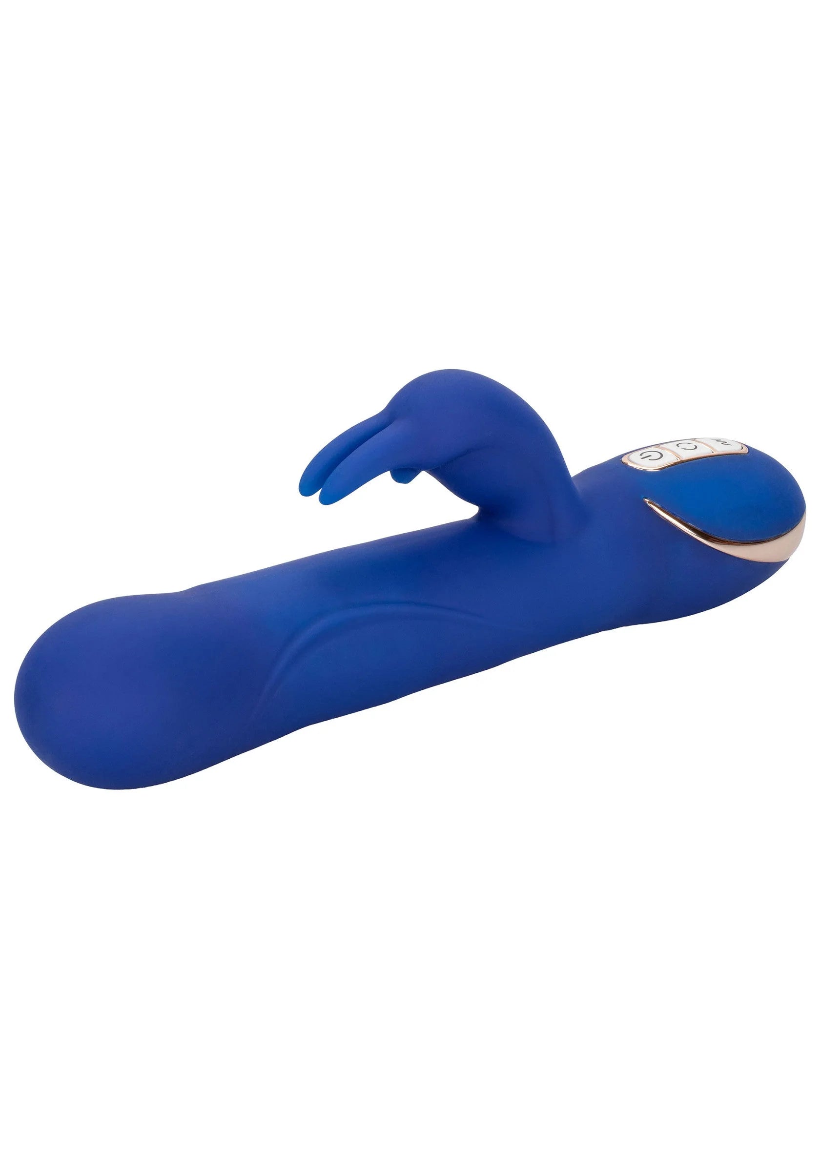 Blauwe siliconen konijnenvibrator liggend met omhoogstaand pootje en metalen accentrand