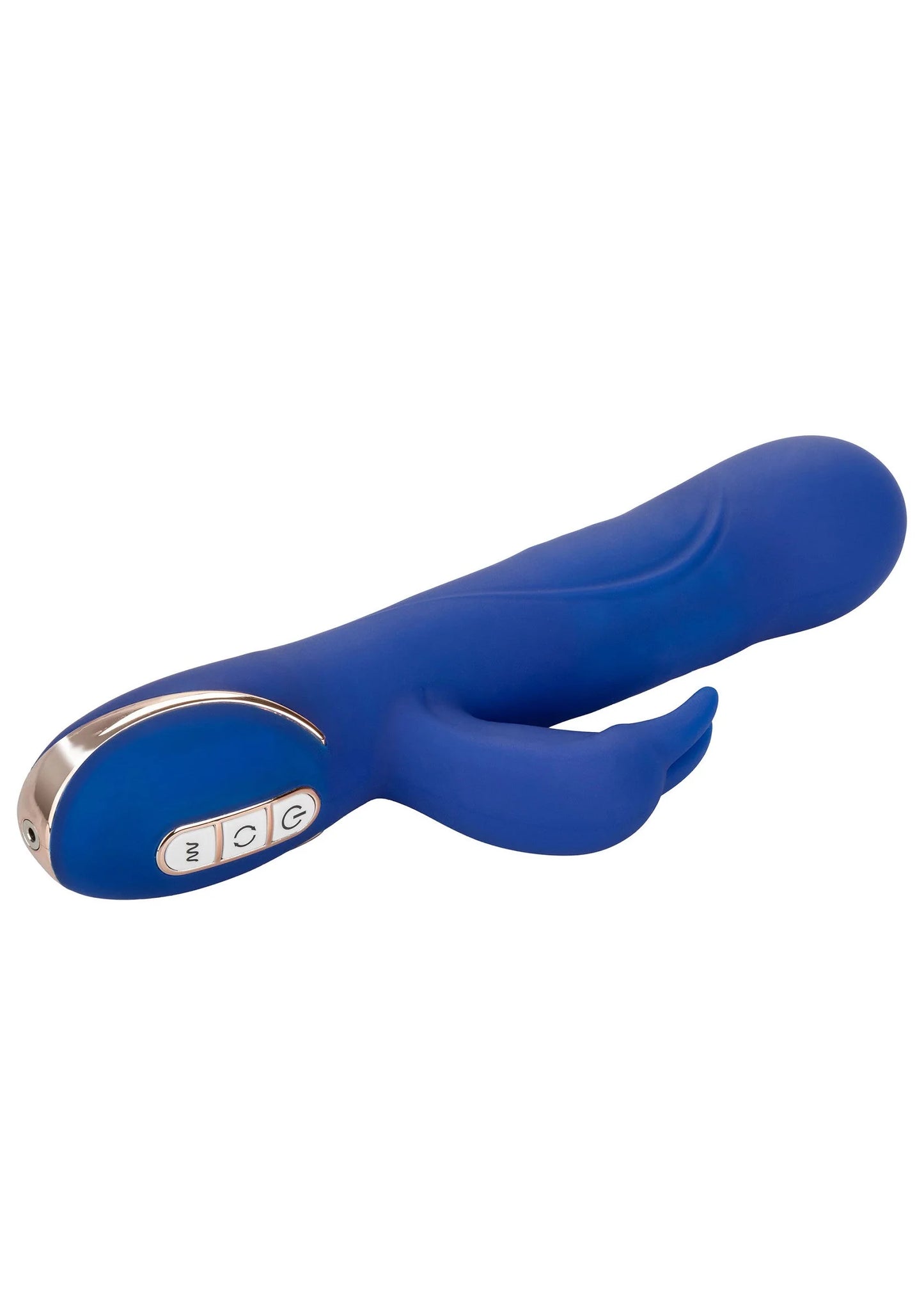 Blauwe siliconen konijnenvibrator met zijdelingse beentjes en bedieningspaneel aan zijkant