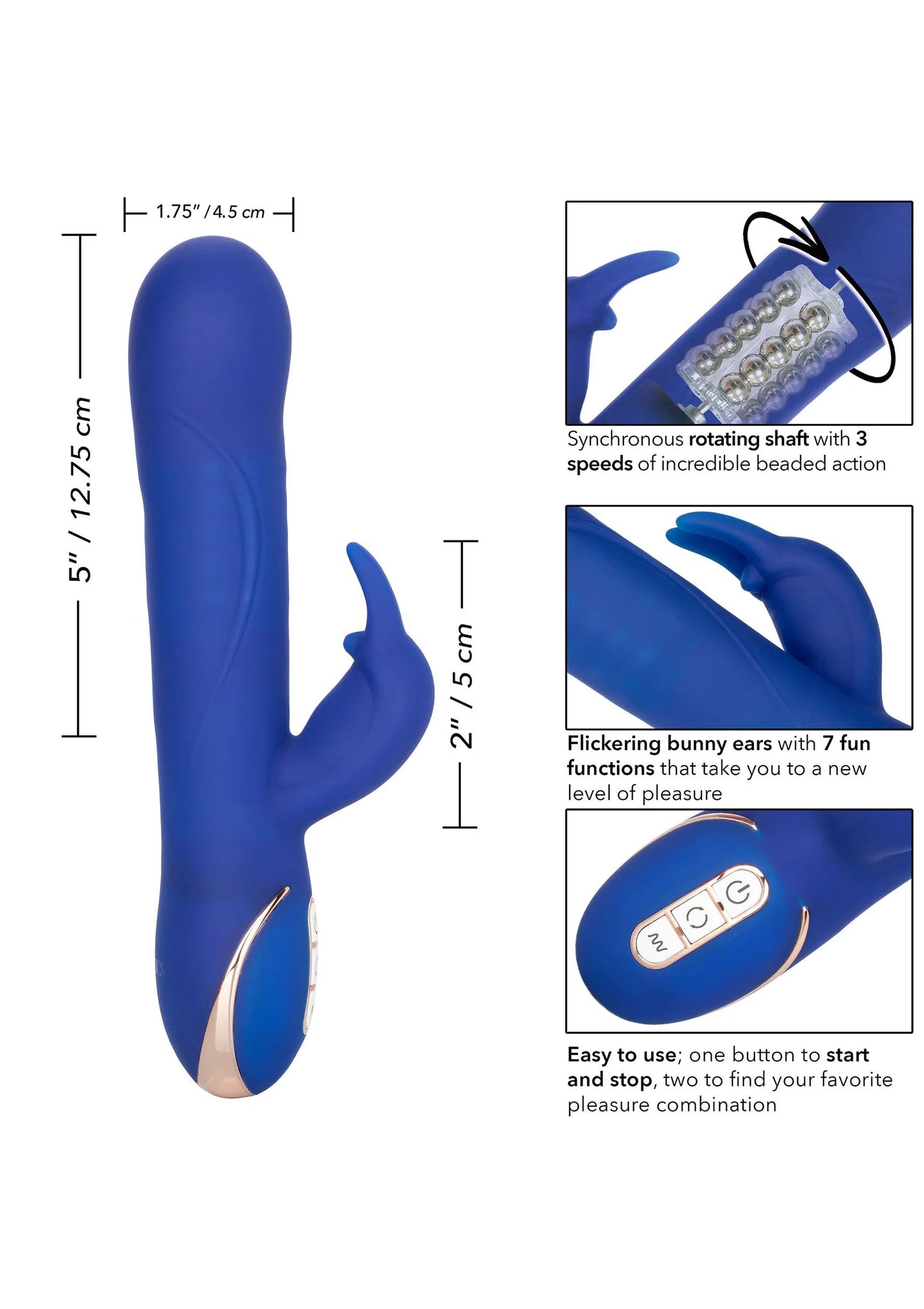 Blauwe siliconen konijnenvibrator met afmetingen en details over functies in inleghoek
