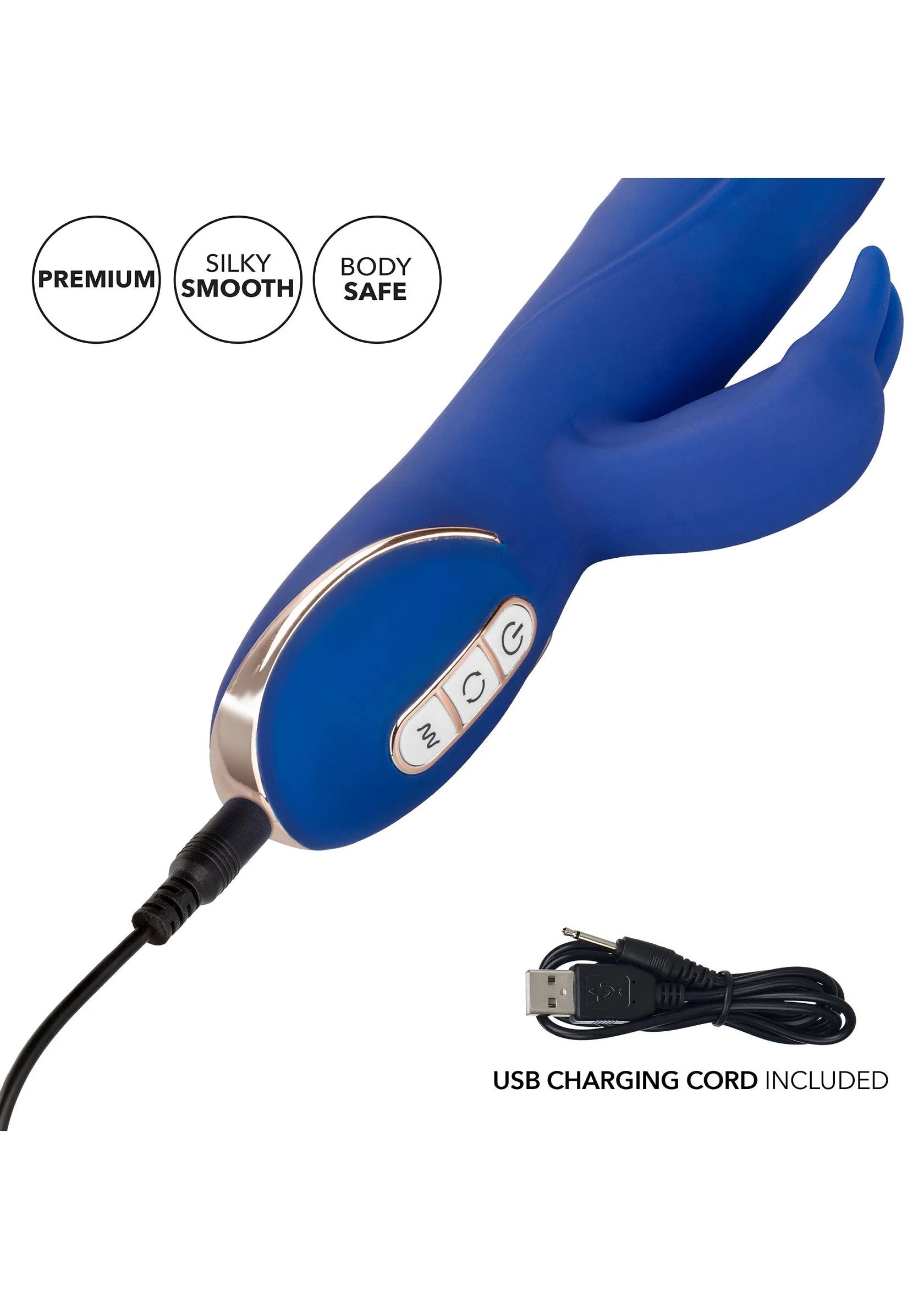 Blauwe siliconen konijnenvibrator met USB-oplaadkabel en ronde knoppen op de basis