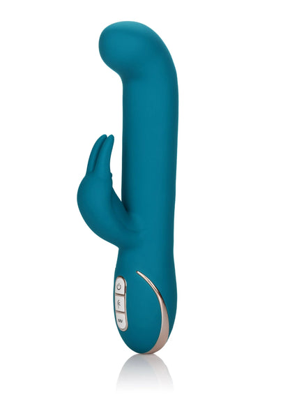 Turquoise siliconen “G”-konijnenvibrator, staand met ronde voet en bedieningspaneel