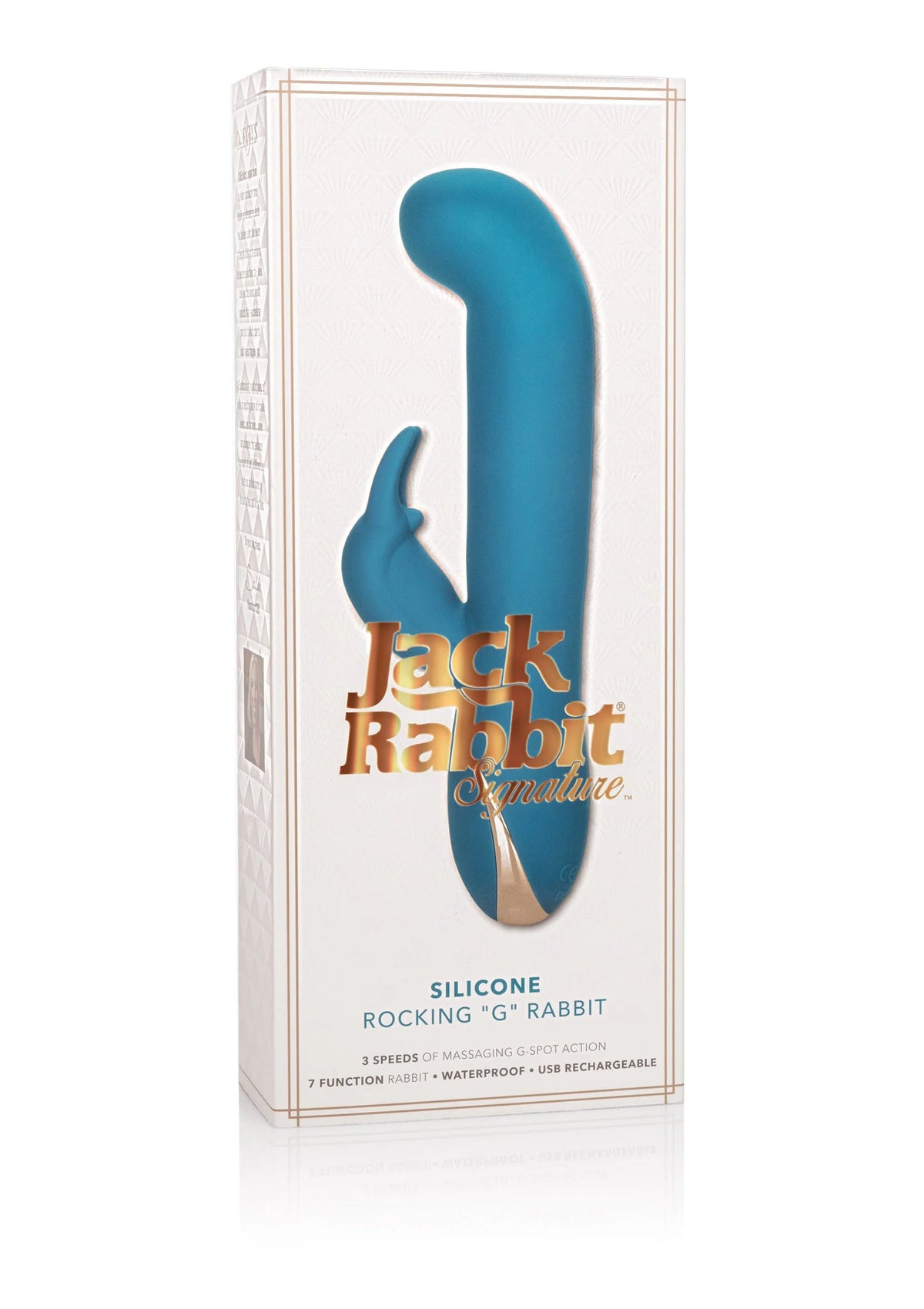 Doorzichtige doos met afbeelding van turquoise silicone “G”-konijnenvibrator