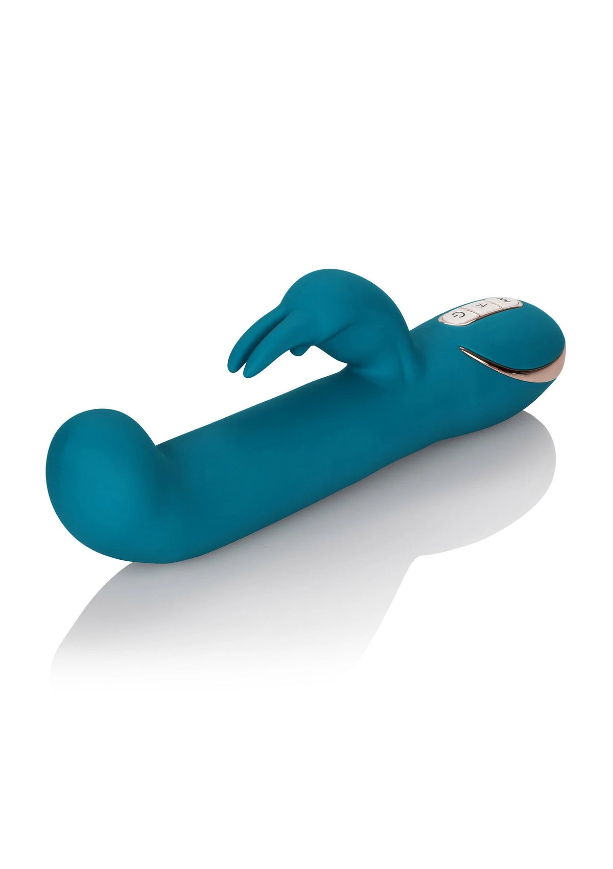 Teal siliconen konijnvormige vibrator, liggende positie