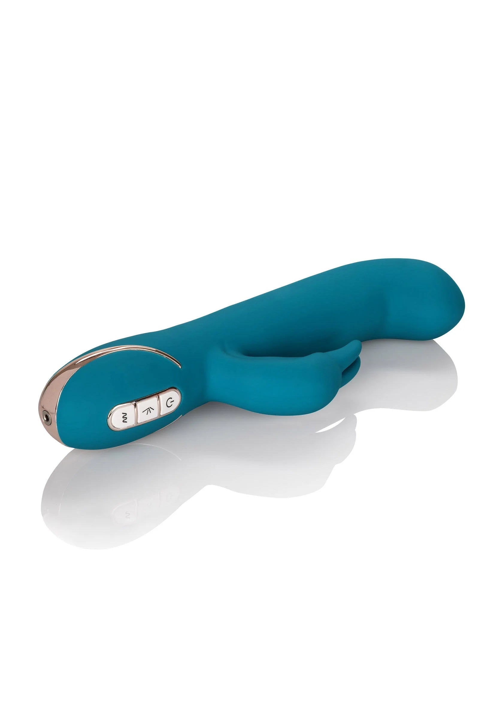 Teal siliconen vibrator met bedieningsknoppen en metalen rand op kop