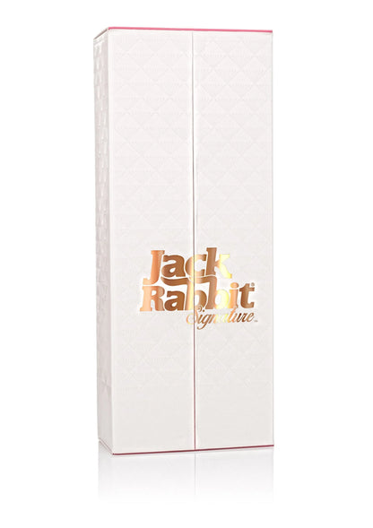 Witte productdoos met Jack Rabbit-opschrift en afbeelding van turquoise “G”-konijnenvibrator