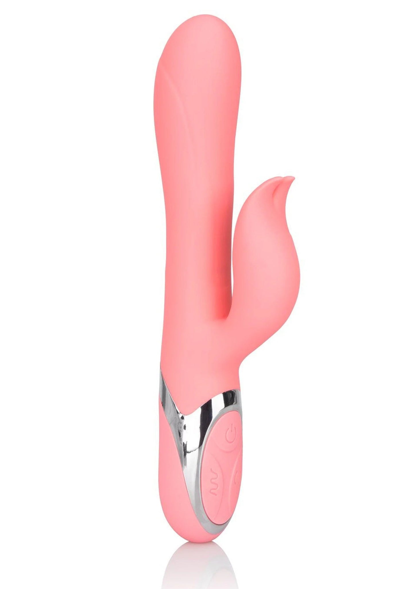 Roze dubbele vibrator rechtop met afgeronde kop en glanzend zwart paneel