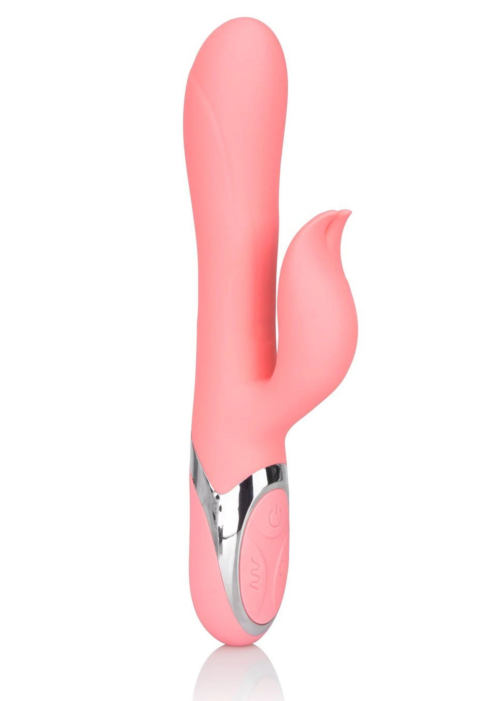 Roze dubbele vibrator rechtop met afgeronde kop en glanzend zwart paneel