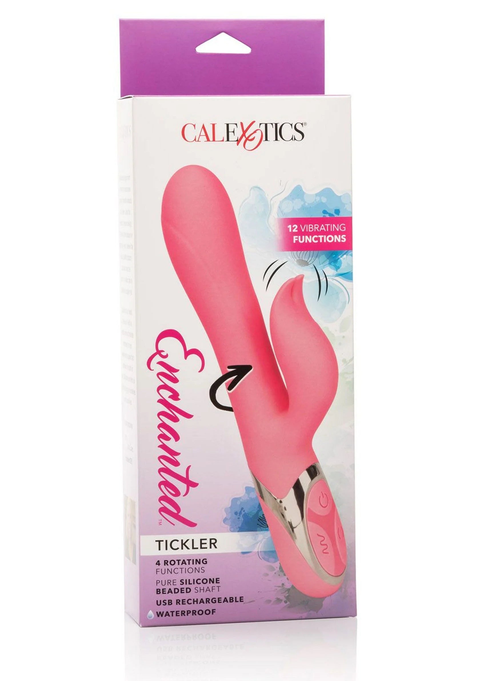 Verpakking van CalExotics Tickler dubbele vibrator, roze met paarse bovenkant