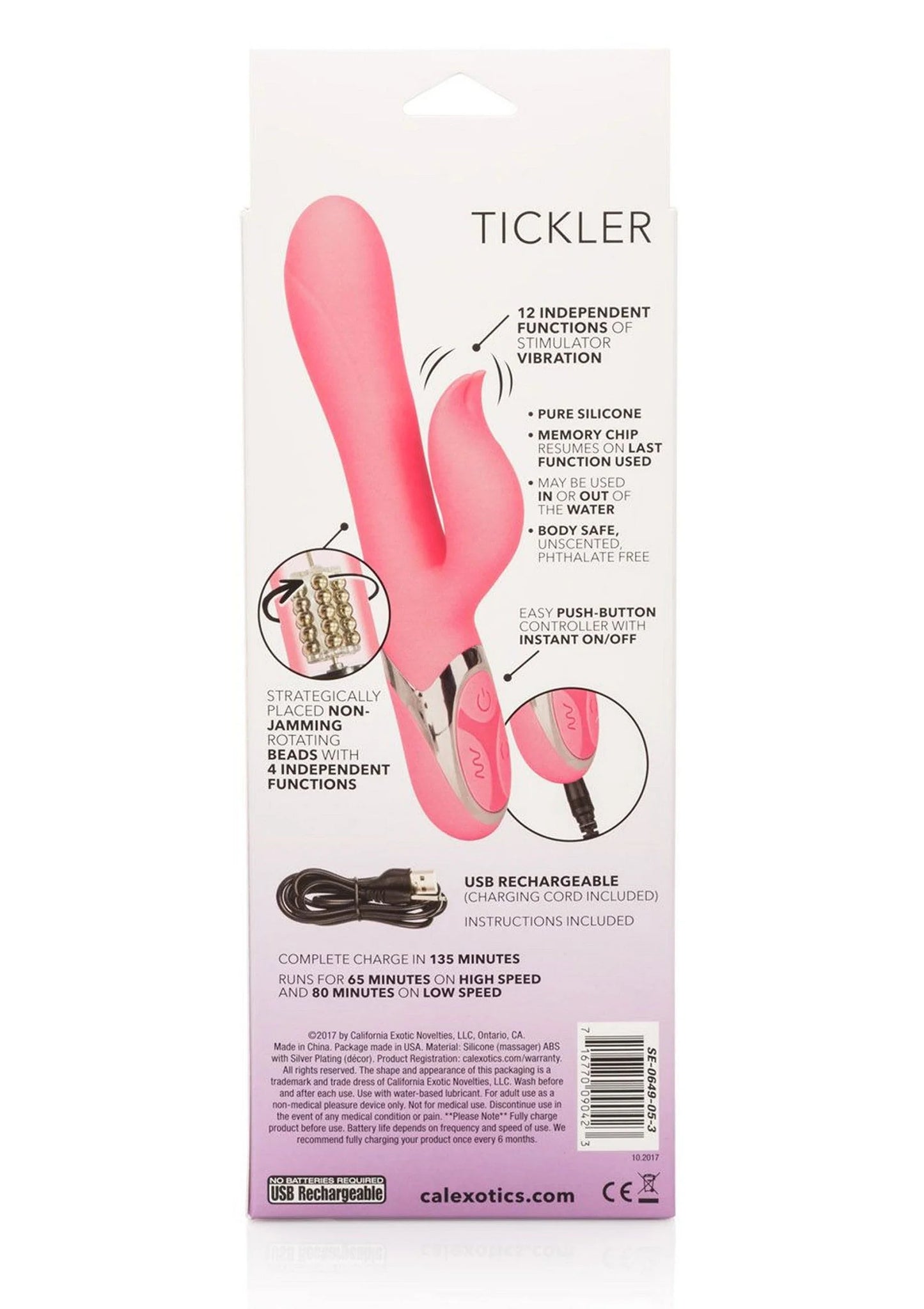 Achterzijde van doos met specificaties voor roze Tickler dubbele vibrator
