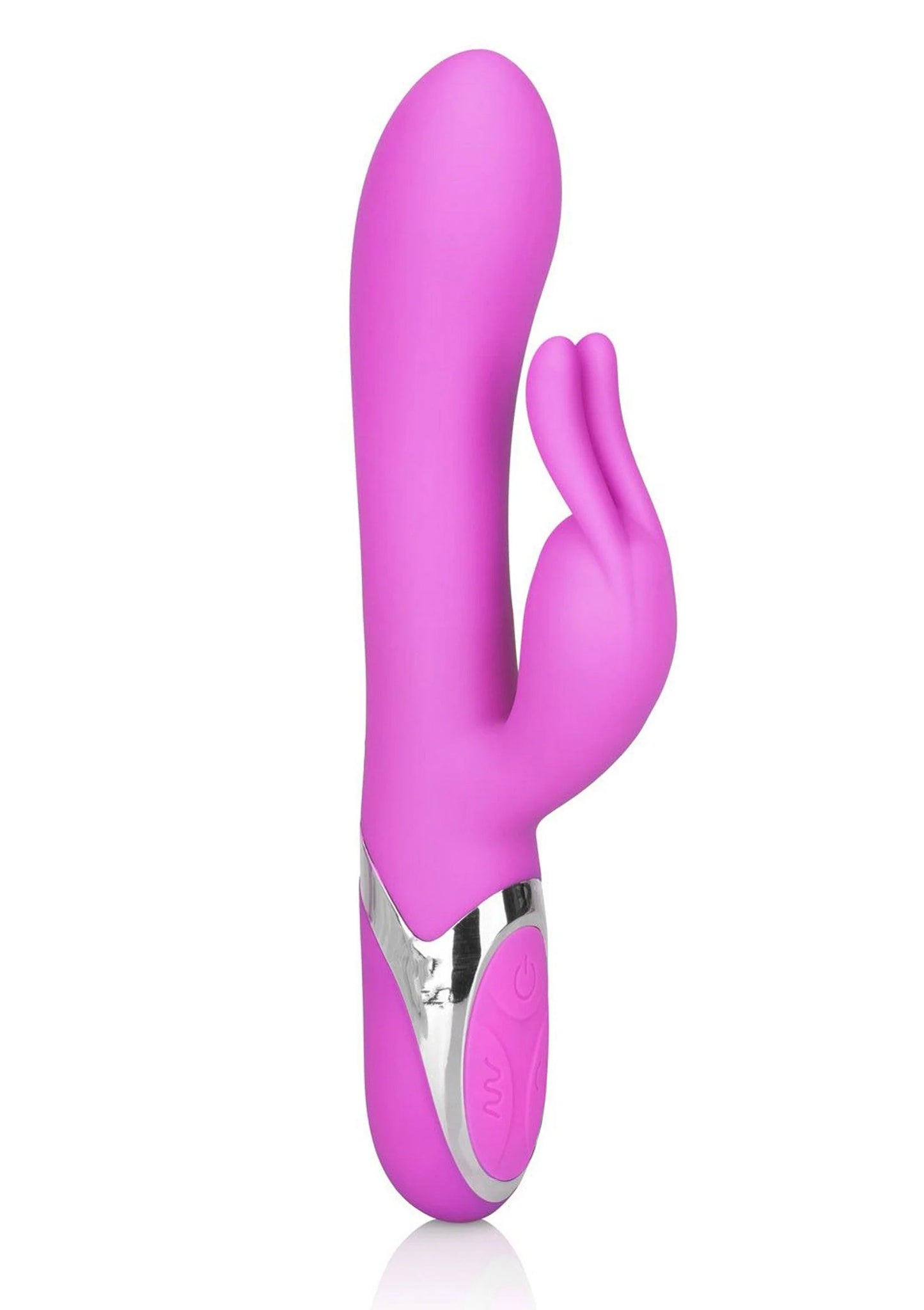 Roze konijnenvibrator met twee kuifachtige uiteinden, knoppen op de basis zichtbaar.