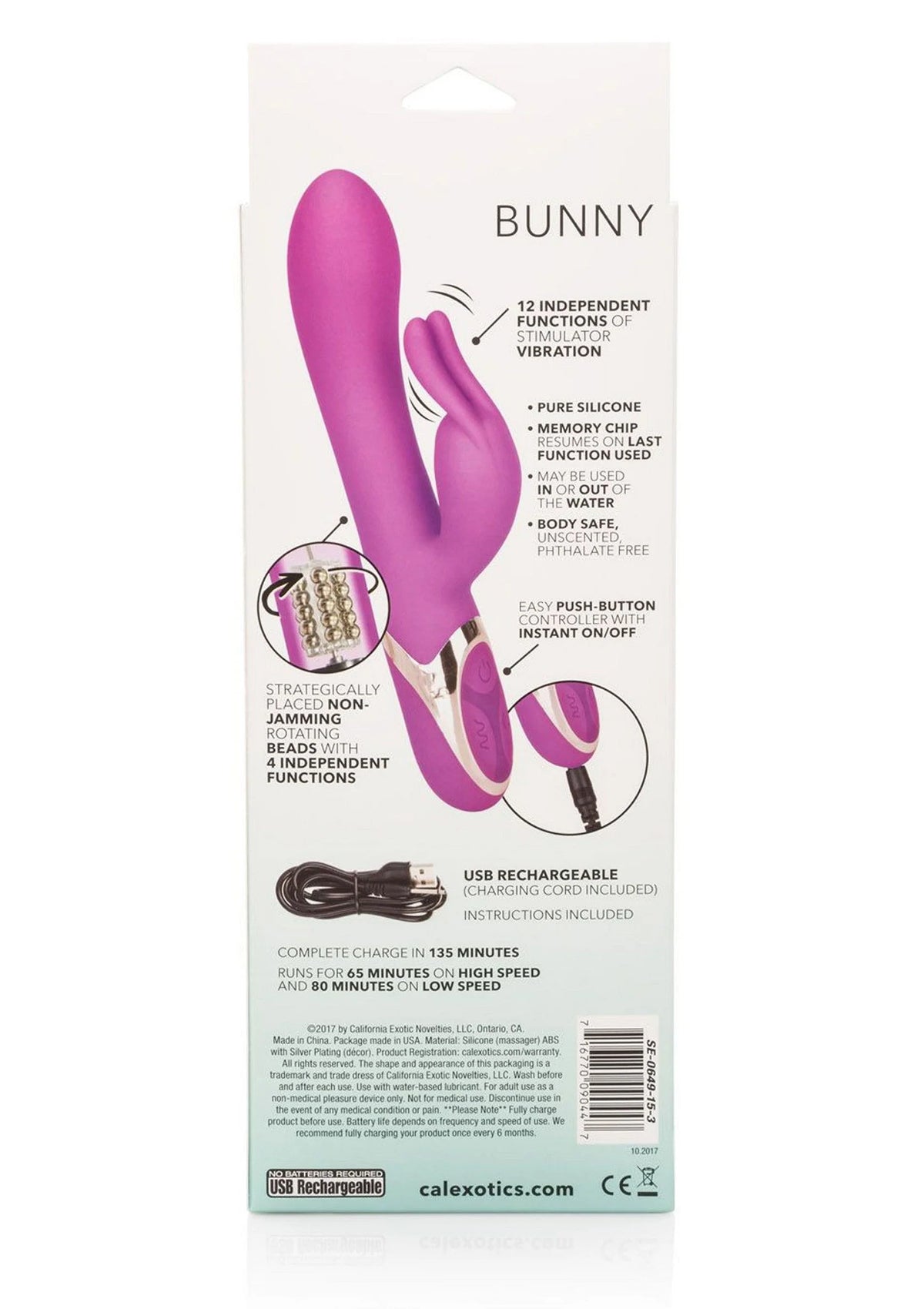 CalExotics Bunny doos achterkant met schematische uitleg en specificaties.