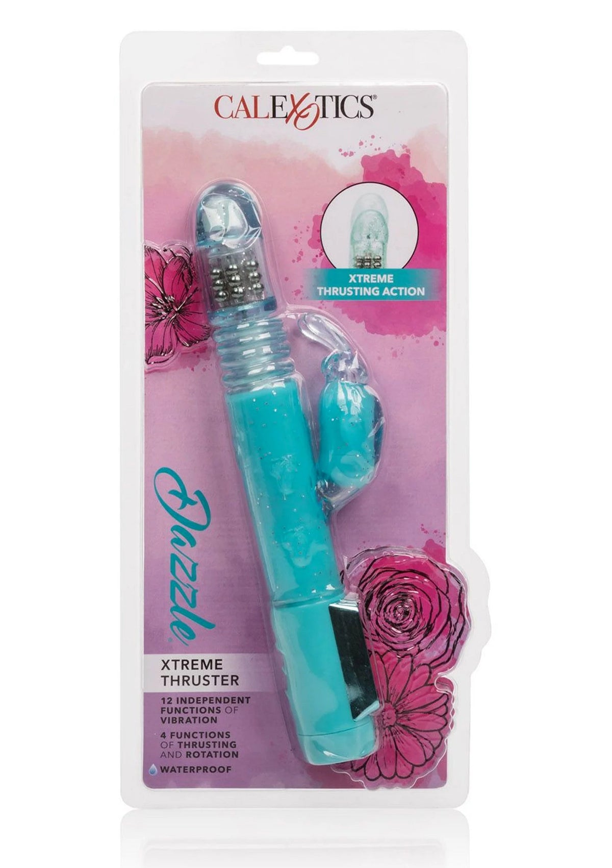Turquoise vibrator in CalExotics blisterverpakking met roze decor en rozetgrafiek.