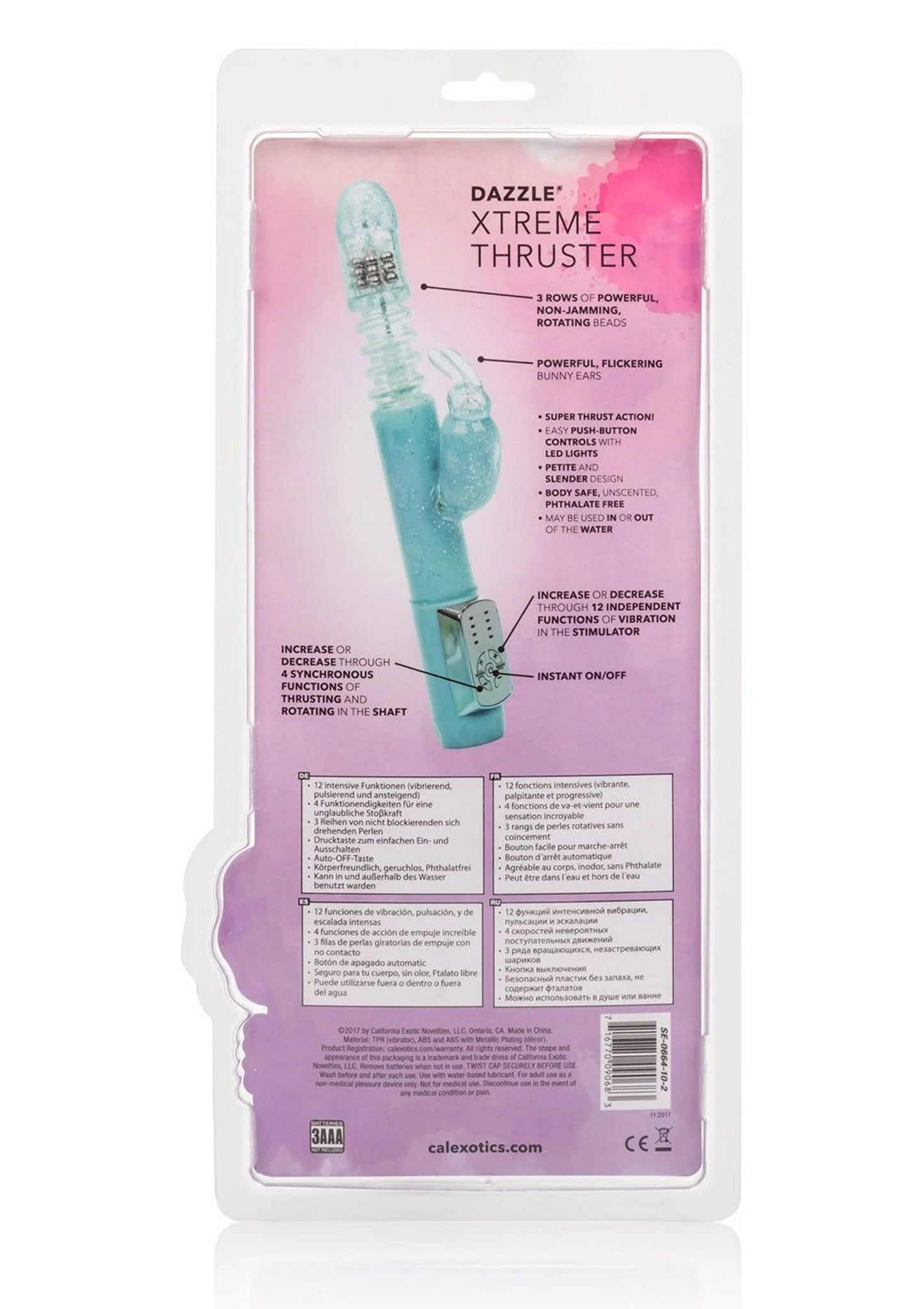 Turquoise vibrator blisterverpakking, achterkant met specificatieschema en tekstblokken.