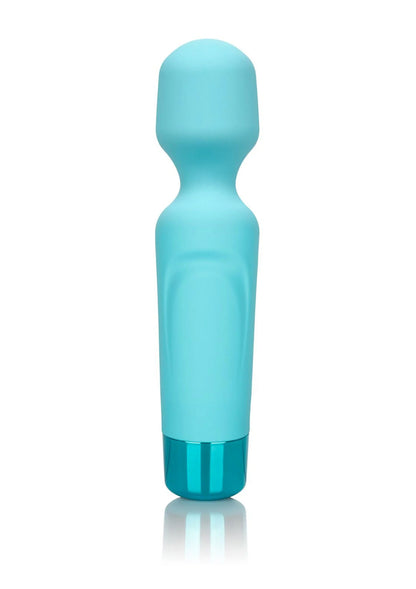 CalExotics Eden wandvibrator teal/blauw siliconen, staande weergave met ronde kop