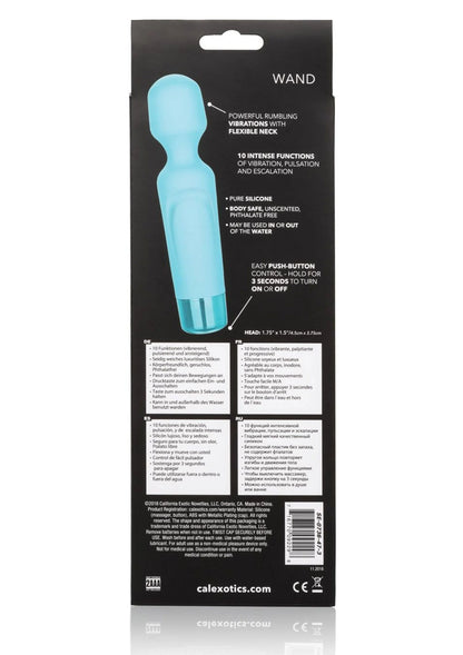 CalExotics Eden doos met achterzijde, afbeelding van teal siliconen wandvibrator en basis