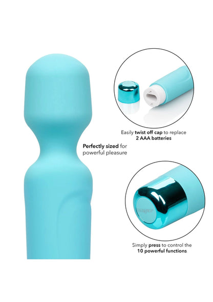 Turquoise wandvibrator met gladde siliconen vorm en glanzende onderkant
