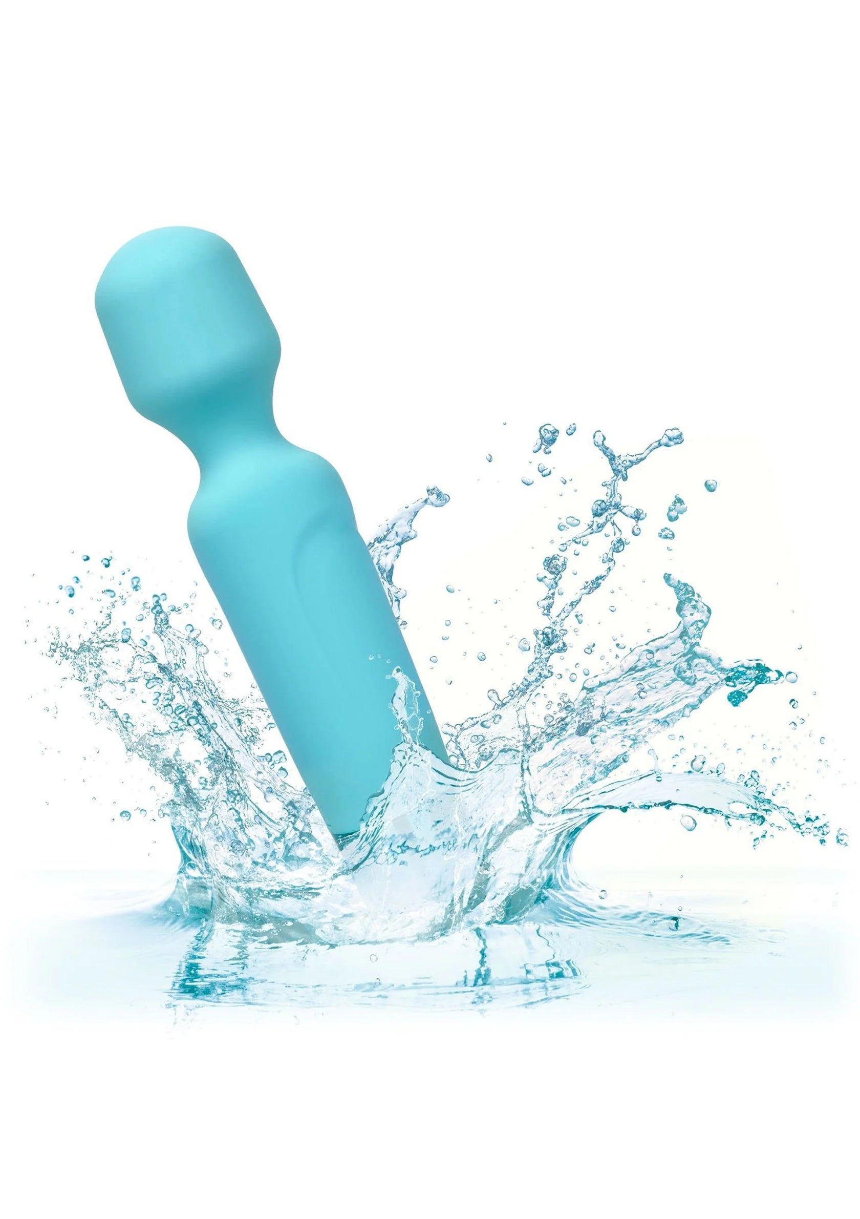 Turquoise wandvibrator met waterdruppels, siliconen oppervlak en afgeronde vorm