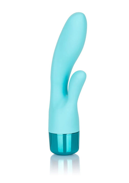 Turquoise dubbele vibrator staand, met brede kop en kleine zij-uitstulping