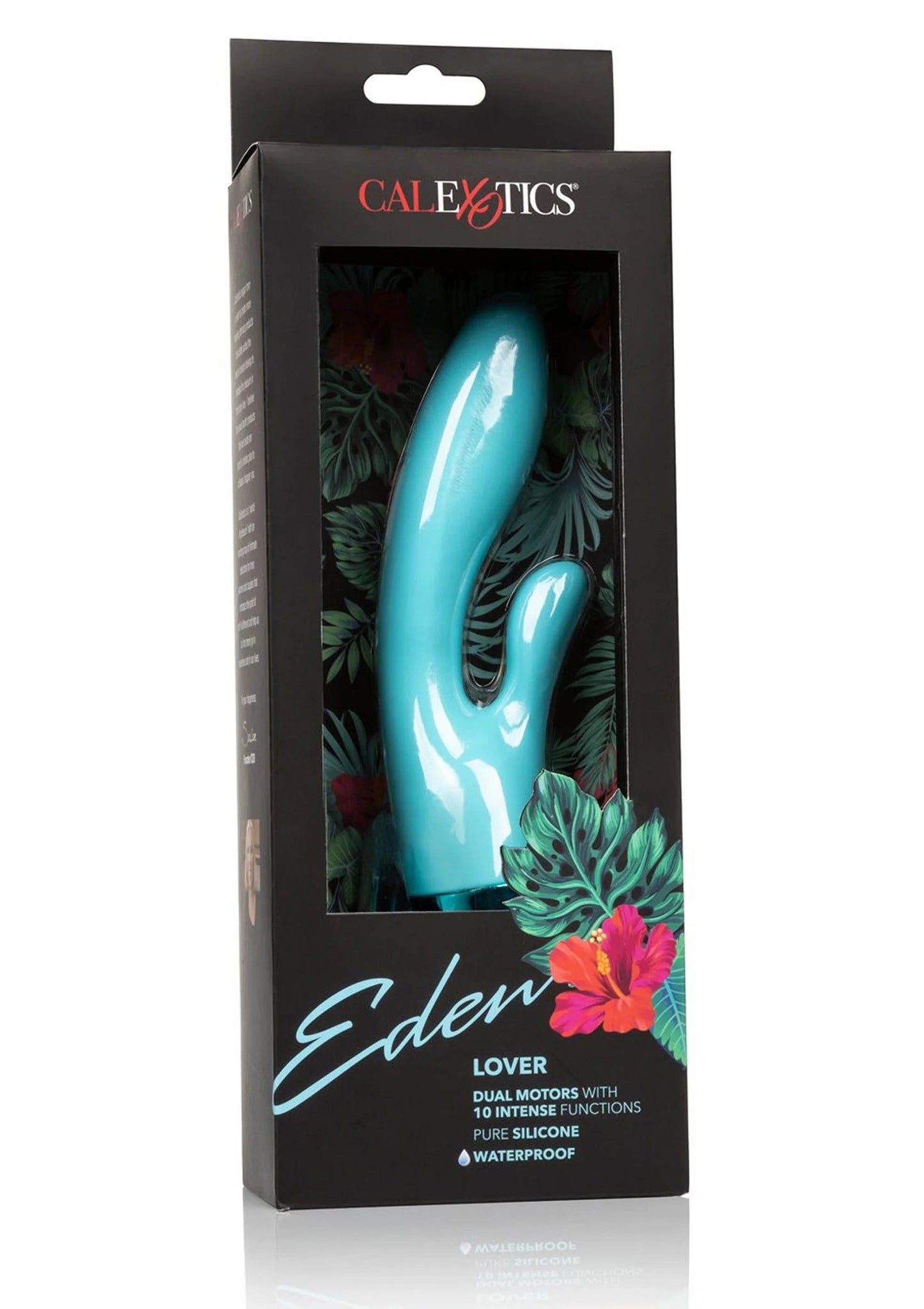 CalExotics Eden verpakking met turquoise dubbele vibrator en zwarte achtergrond