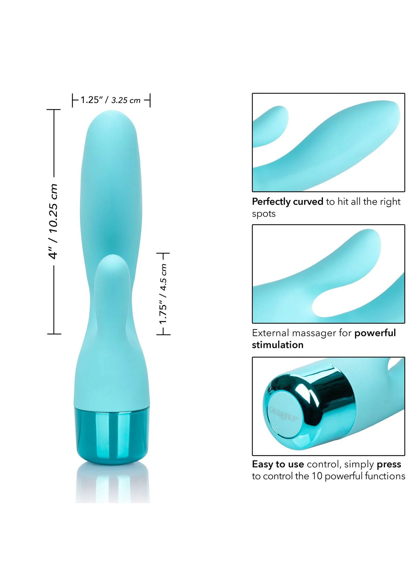Turquoise dubbele vibrator van CalExotics Eden met twee gebogen massagekoppen