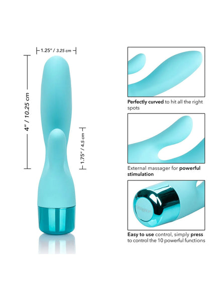 Turquoise dubbele vibrator van CalExotics Eden met twee gebogen massagekoppen