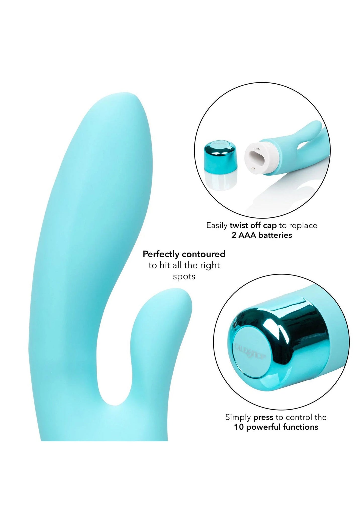 Turquoise dubbele vibrator van CalExotics Eden met compacte kop en gebogen uiteinden
