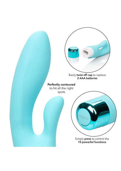 Turquoise dubbele vibrator van CalExotics Eden met compacte kop en gebogen uiteinden