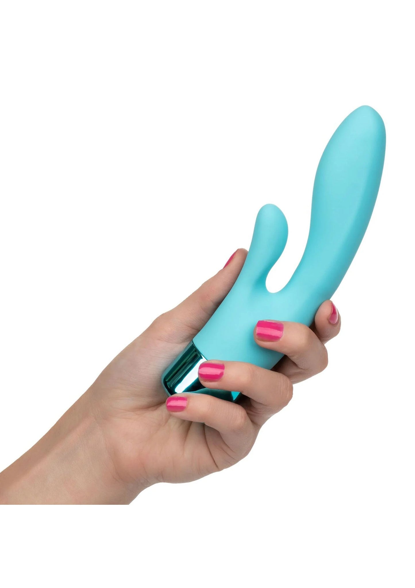 Turquoise dubbele vibrator vastgehouden in hand, met roze nagellak